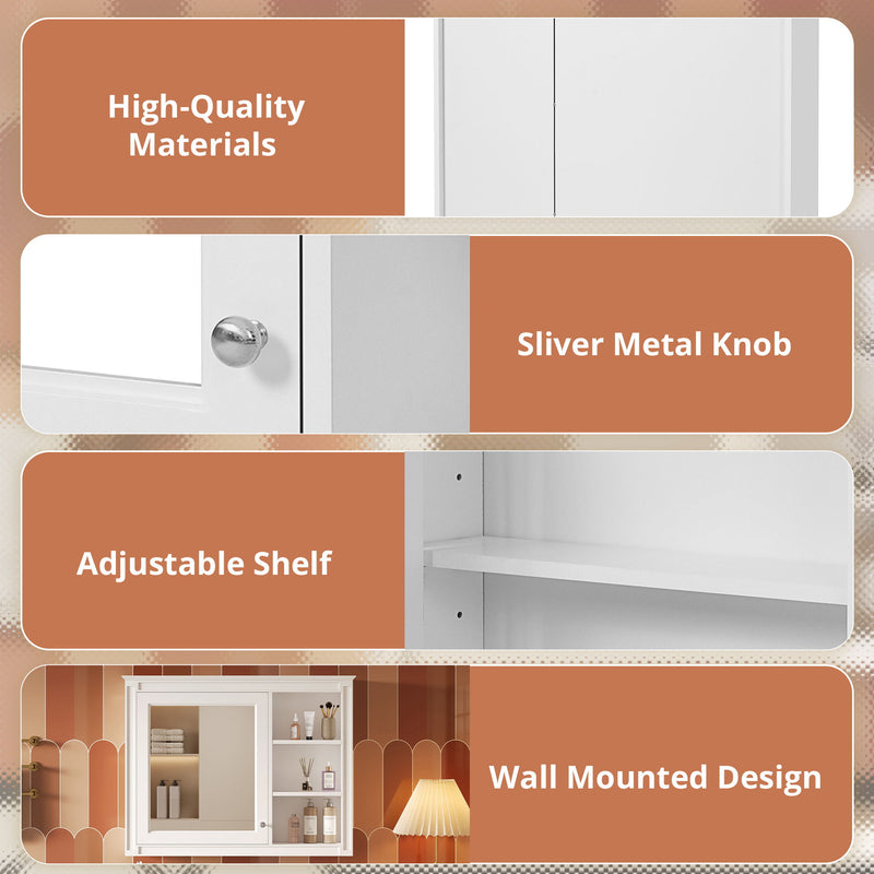 Wall Mounted Medicine Cabinet With Mirror, Adjustable Shelf - White
