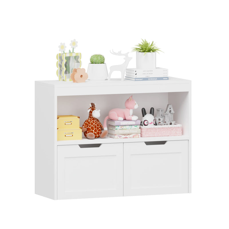 Book Organizer With Large Drawers And Open Shelves, Toy Storage Cabinet With Removable Wheels And Rounded Edges - White