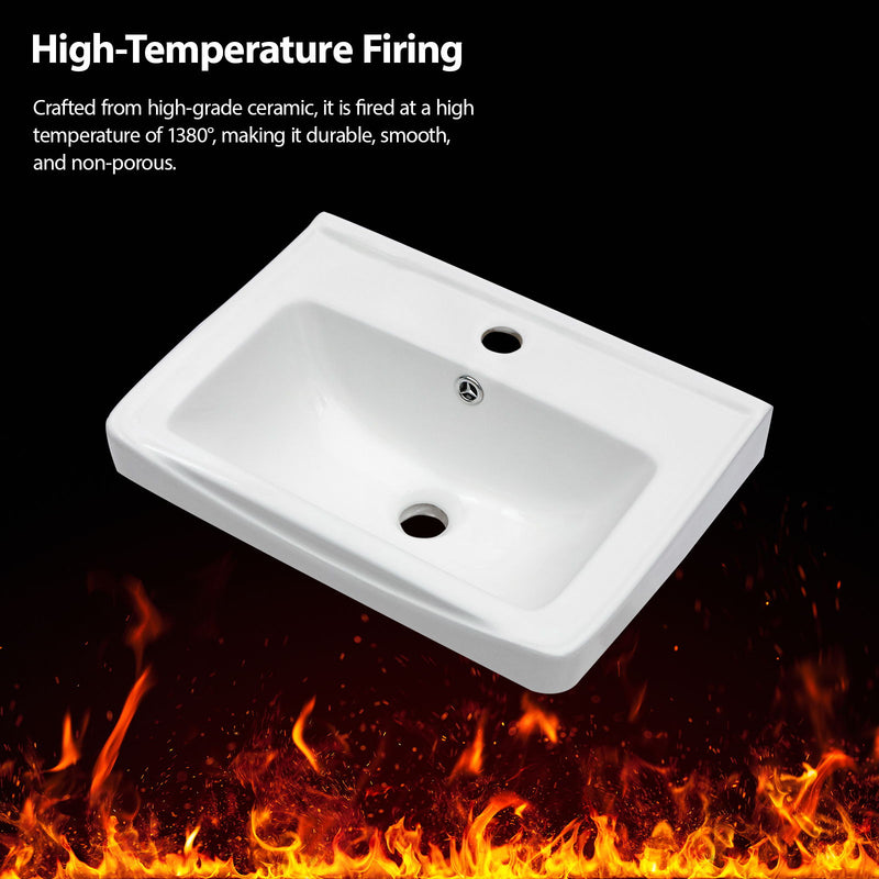 Wall Mounted Rectangular Bathroom Sink With 304 Stainless Steel Towel Bar & Overflow - White