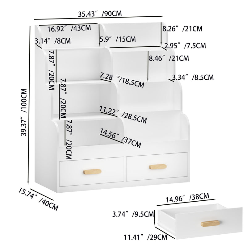 Bookshelf With 2 Storage Drawers, Front Facing Bookcase And Toy Organizer, Multi Tier Reading Shelf - White
