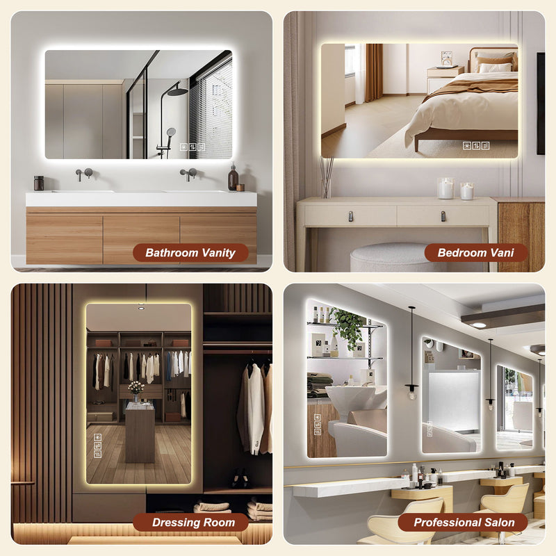 Wall Mounted LED Lighting Mirror With 3 Color Lighting, Dimming, Waterproof, Anti Fog, Touch Switch - Silver