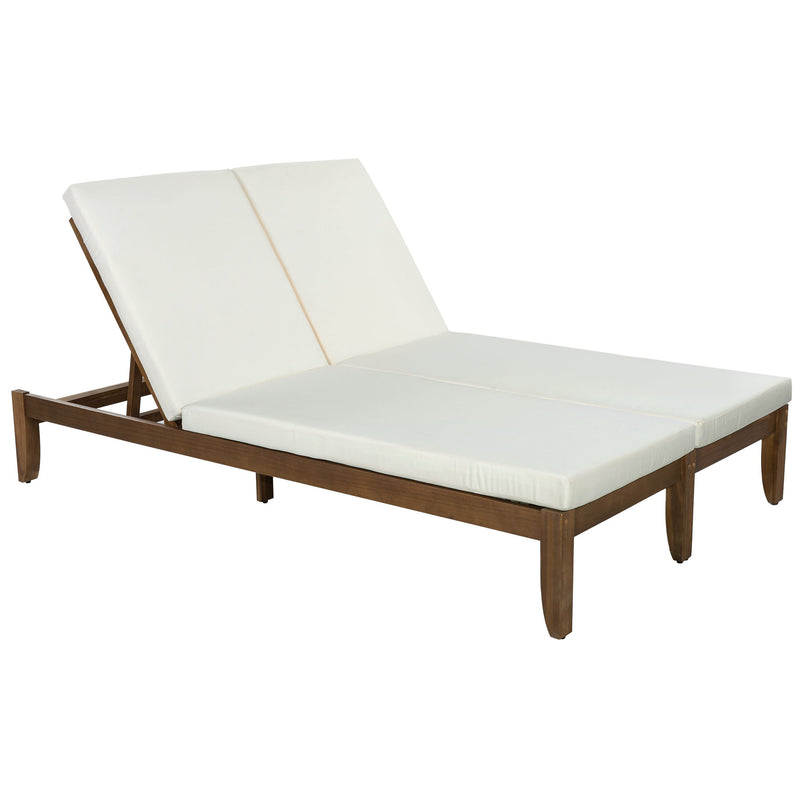 Adjustable Outdoor Patio Lounge Chair 2 Seater Recliner - Beige / Walnut