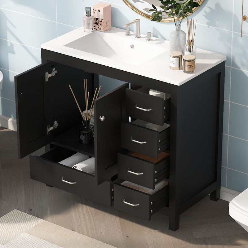 Bathroom Vanity With Ceramic Sink Combo, Abundant Storage Cabinet 2 Soft Close Doors And 5 Drawers