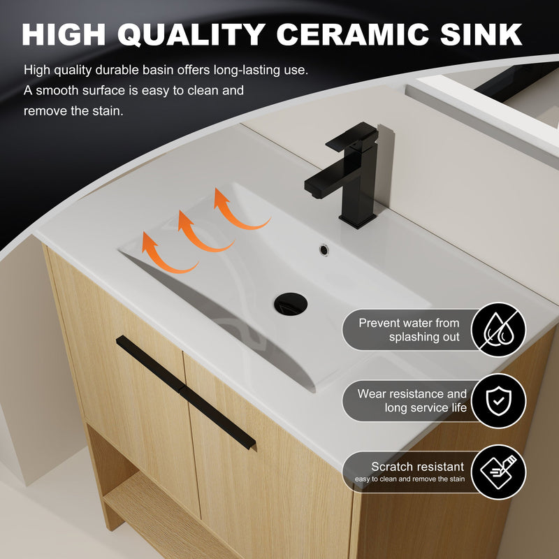 Modern Bathroom Vanity With Ceramic Sink, Freestanding Cabinet, Soft Closing Doors