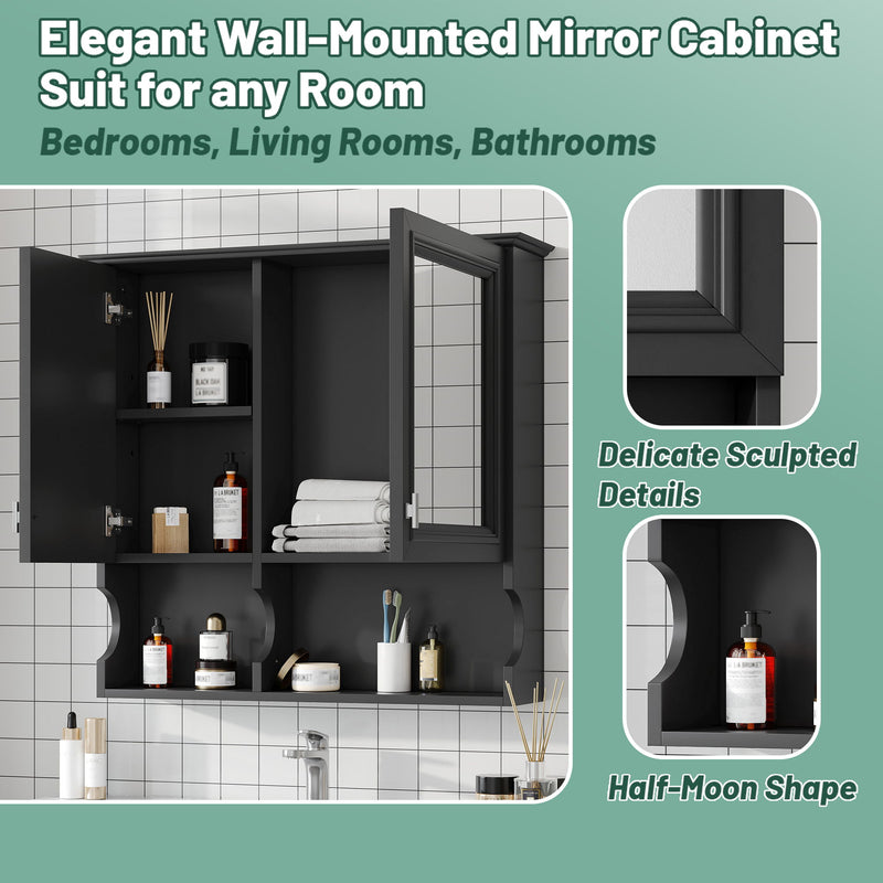 Wall Mounted Mirror Medicine Cabinet, Bathroom Storage With Doors And Open Shelves