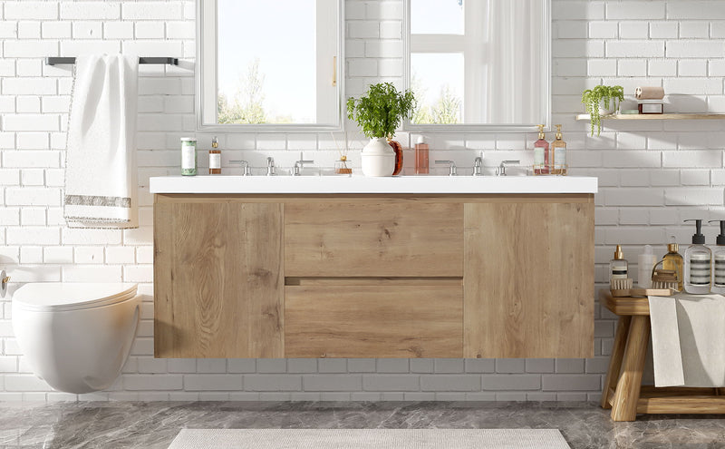 Double Sink Bathroom Vanity, Cabinet & Soft Close Doors, Divided Drawers, Wall Mounted Storage - Wood