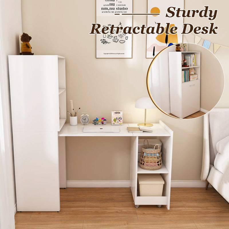 Stretchable Office Desk With Storage Shelves And Mobile Wheels