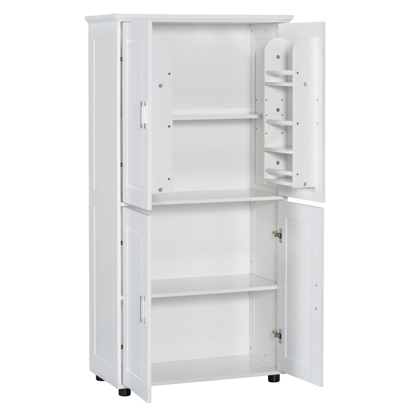 Tall And Wide Bathroom Floor Storage Cabinet With 4 Doors, Adjustable Shelves - White
