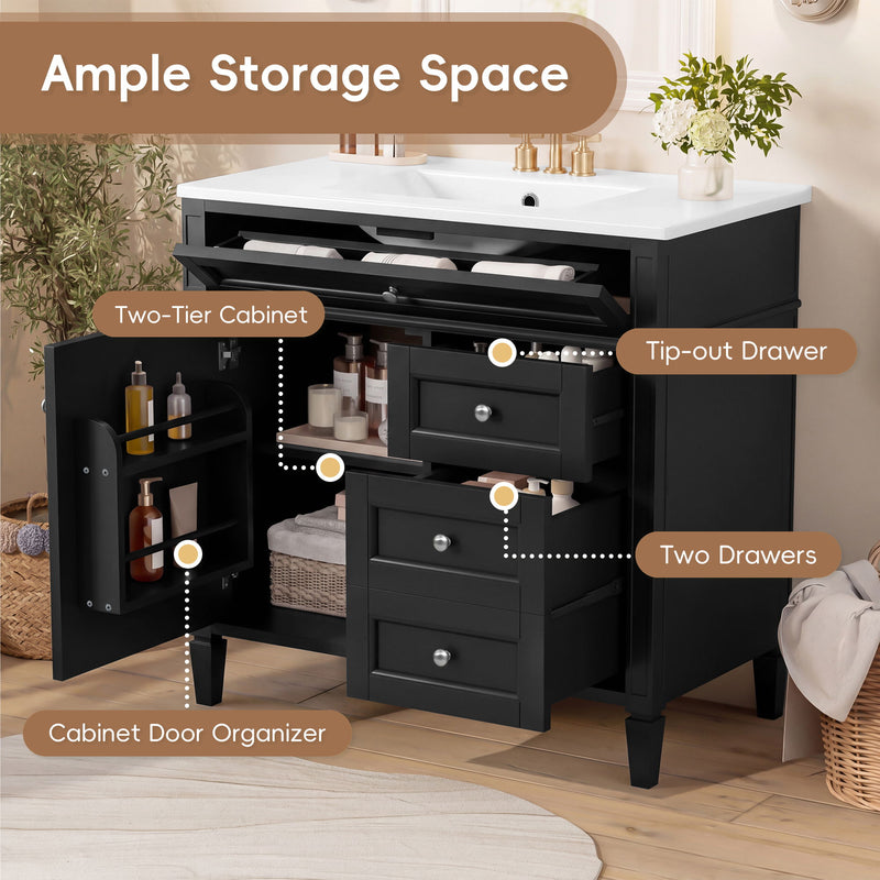 Bathroom Vanity With Sink, Rectangular Storage Cabinet & 2 Drawers And Tip Out Drawer