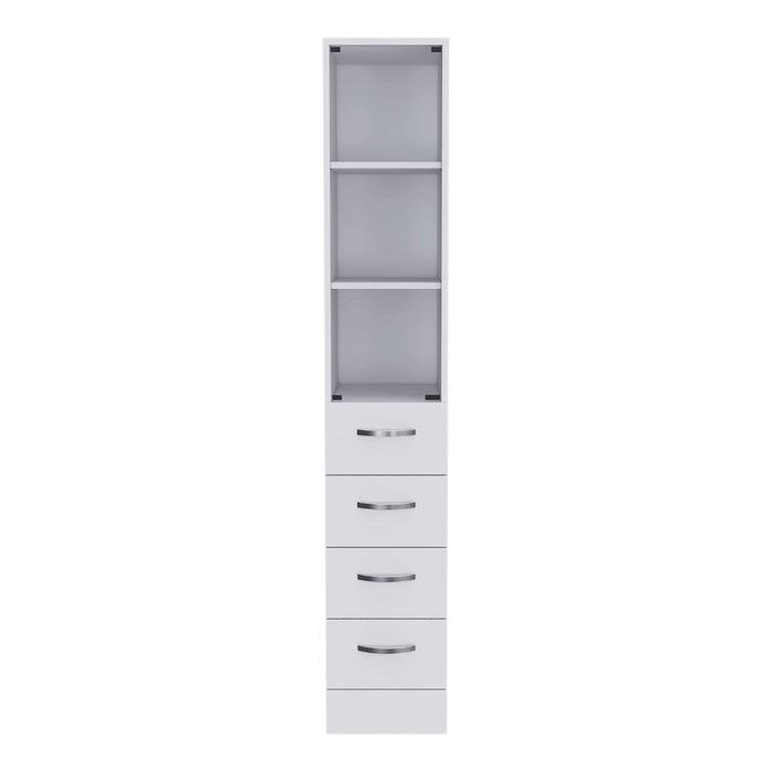 Linen Cabinet, 3 Shelves, 4 Drawers And Metal Handles - White