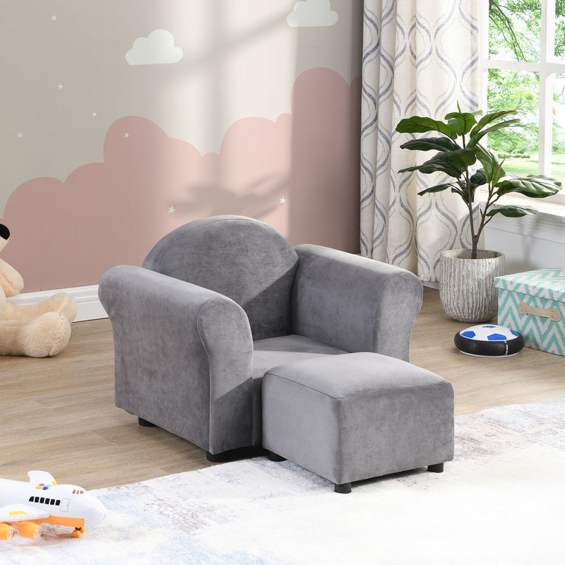 Kids Recliner Chair, Kids Upholstered Couch With Ottoman - Dark Gray