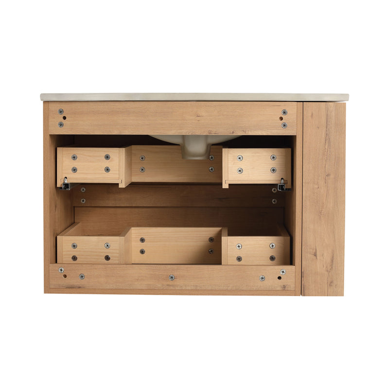 Modern Wall Mounted Bathroom Vanity With Ceramic Sink And Storage Rack, 2 Soft Close Drawers