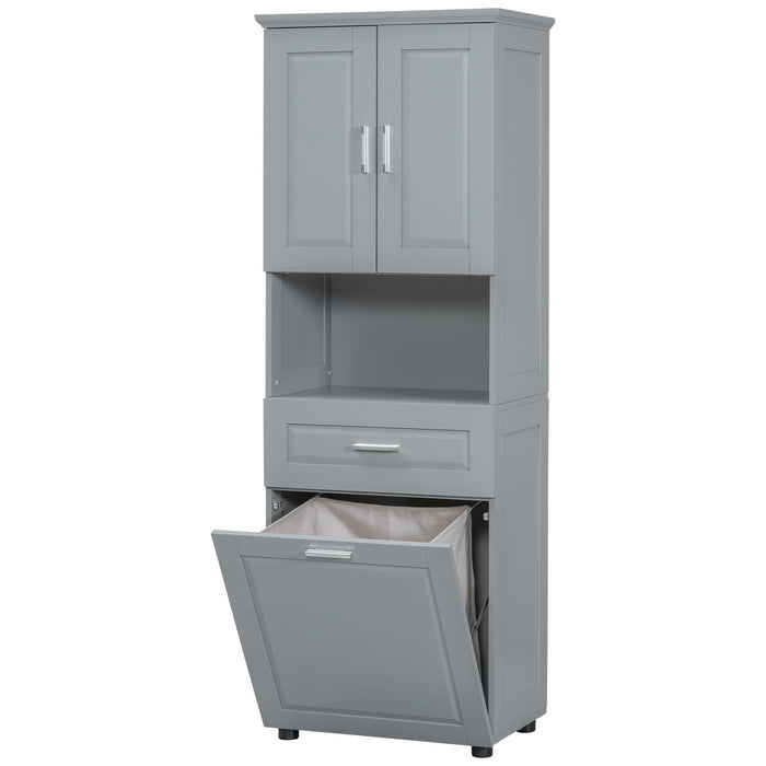 Tall Bathroom Cabinet With Tilt-Out Laundry Basket And Upper Storage