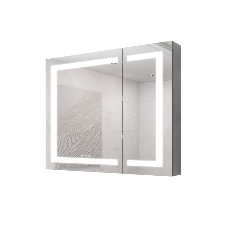 36" X 30" Medicine Cabinet With LED Vanity Mirror, Anti-Fog Recessed Or Surface Mount Bathroom Double Door Large Storage 3000K~6000K Bright Lighted Aluminum Storage Cabinet With Touch Switch - Silver