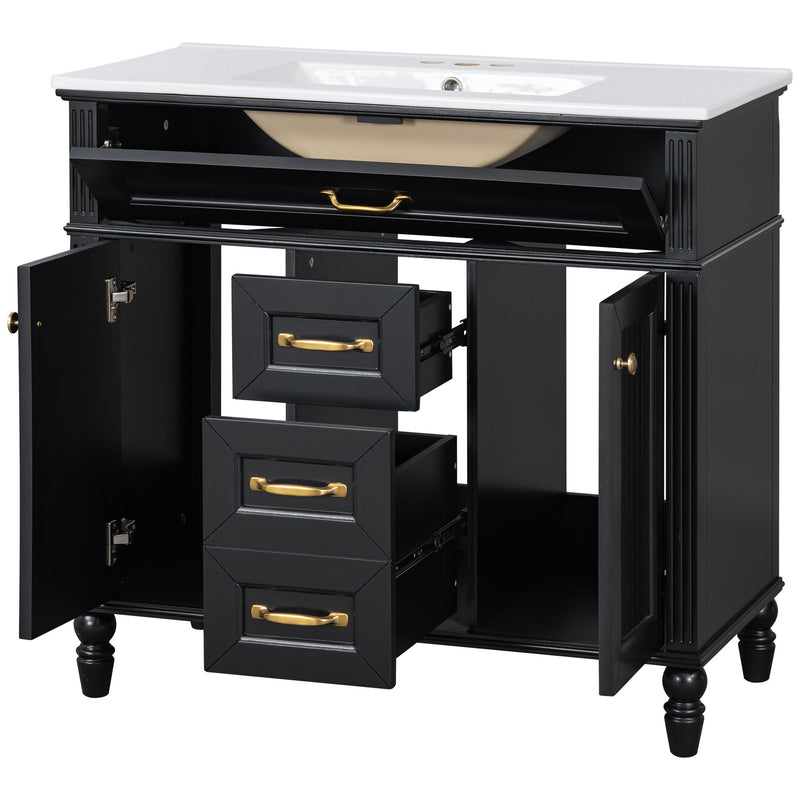 Bathroom Vanity With Sink, Flip-Out Top Drawer, Soft Close Doors, 2 Storage Drawers