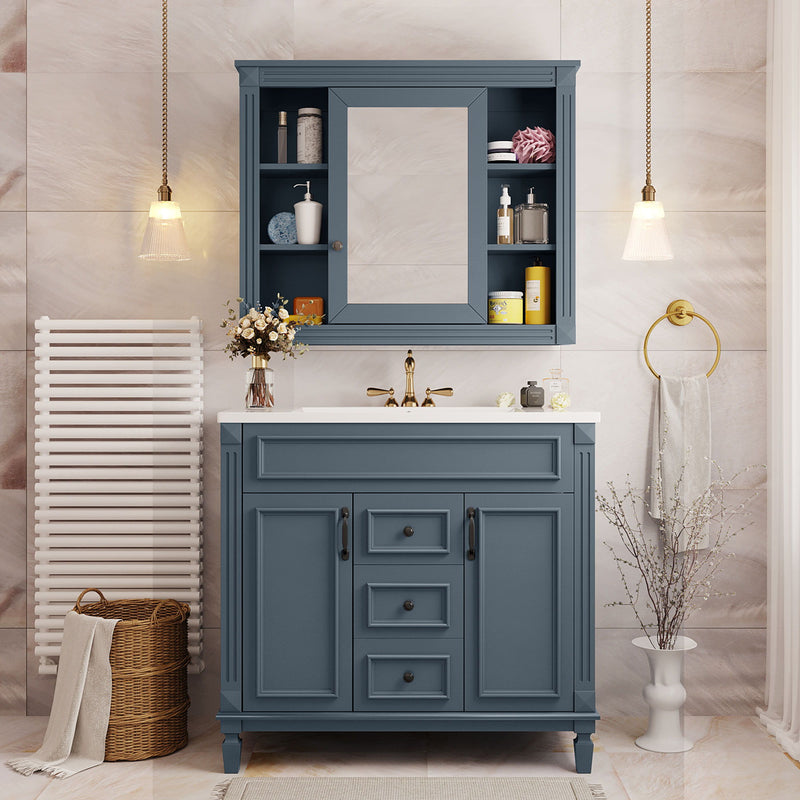 Bathroom Vanity With Top Sink, Mirror Cabinet, 2 Soft Closing Doors & 2 Drawers