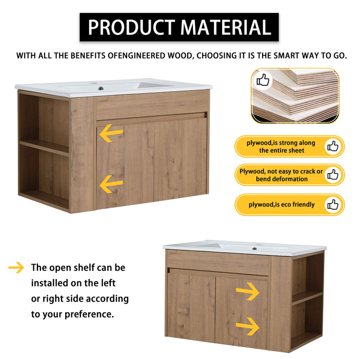 Modern Wall Mounted Bathroom Vanity With Sink And Storage Rack Soft Close Doors - Imitative Oak