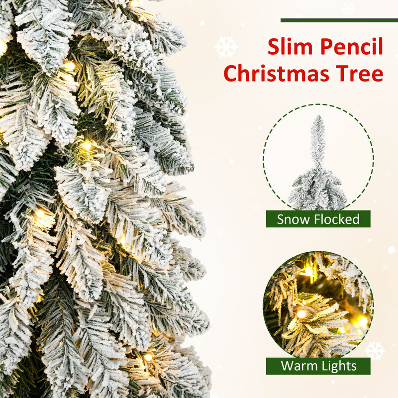 Slim Snow Flocked Pre Lit Pencil Christmas Tree, 3.9Ft / 5.9Ft / 7.9Ft With 750 Branch Tips, 480 LED Lights, Warm Glow, For Indoor Holiday Decor - White