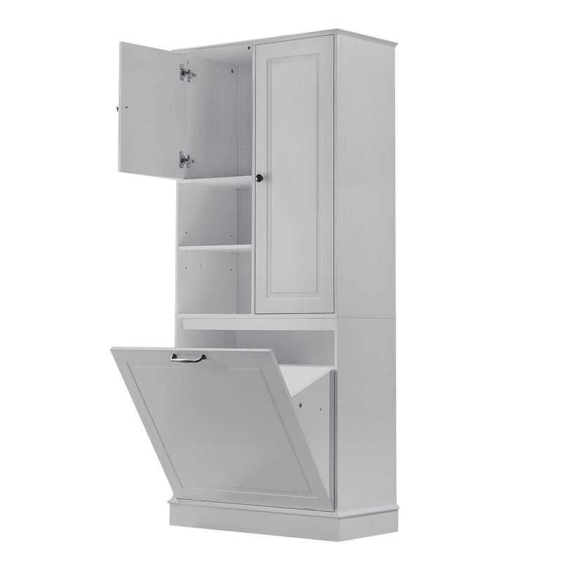 Modern Tall Storage Cabinet With Adjustable Shelves, Flip-Out Basket & Enclosed Doors
