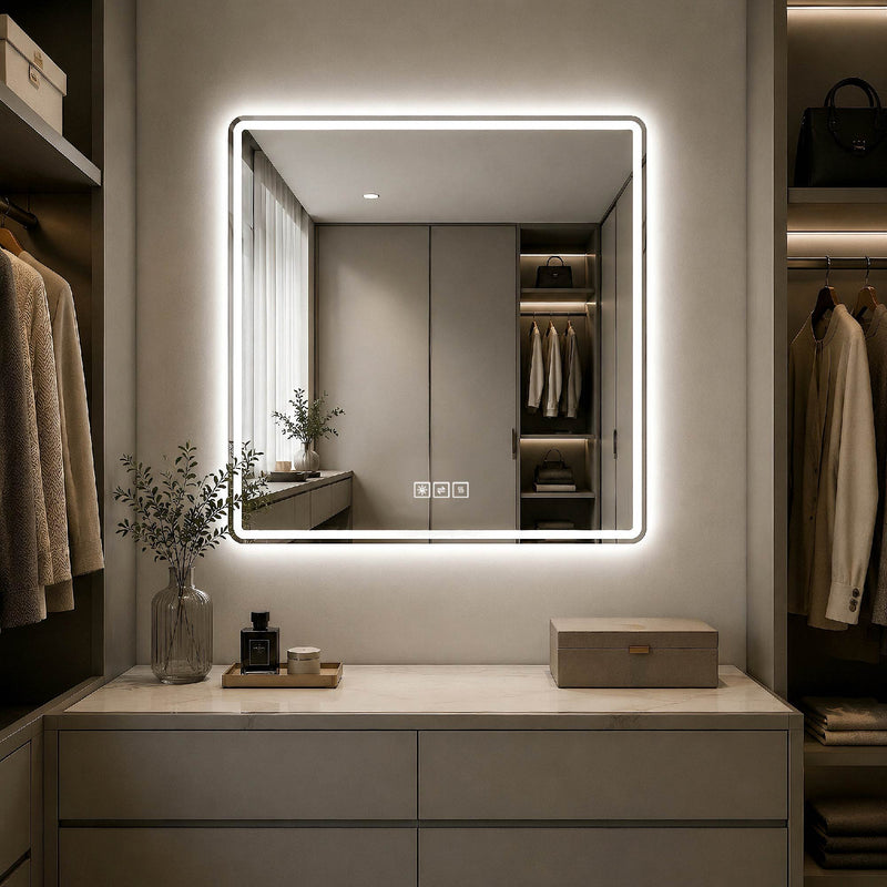 36 X 36 LED Bathroom Mirror With Dimmable Frosted Light Band, 3 Color Temperatures, Anti Fog, Memory & Auto Off - Silver