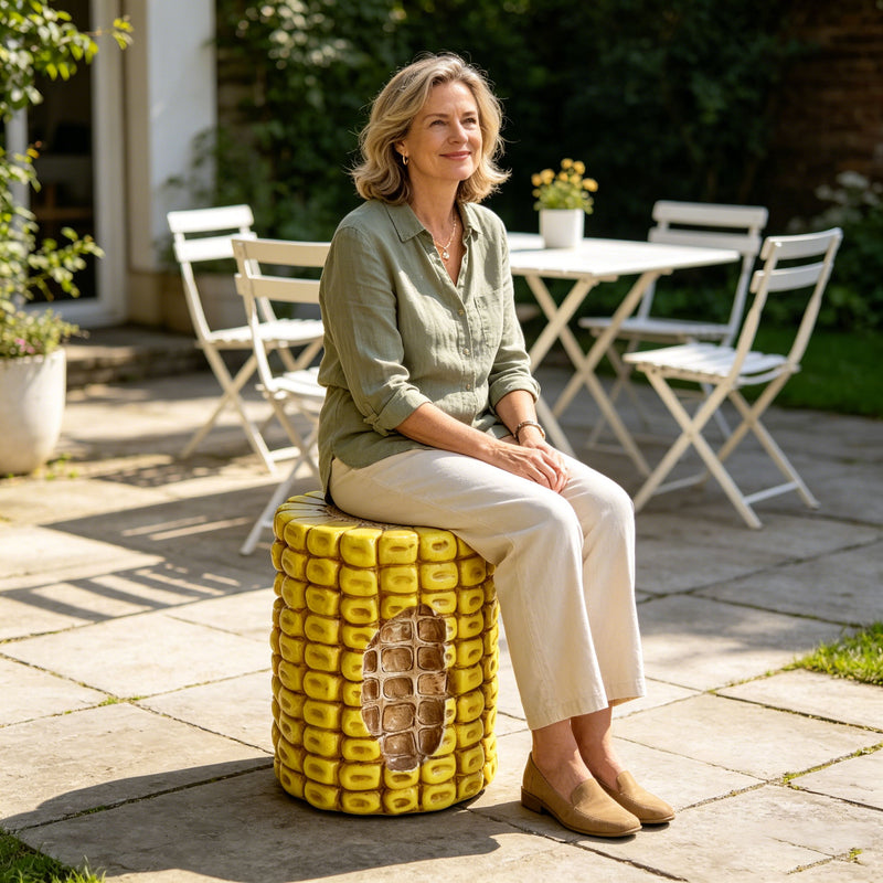 Novelty Corn Cob Stool, Plant Stand With Textured Kernels, For Home & Garden Decor - Yellow
