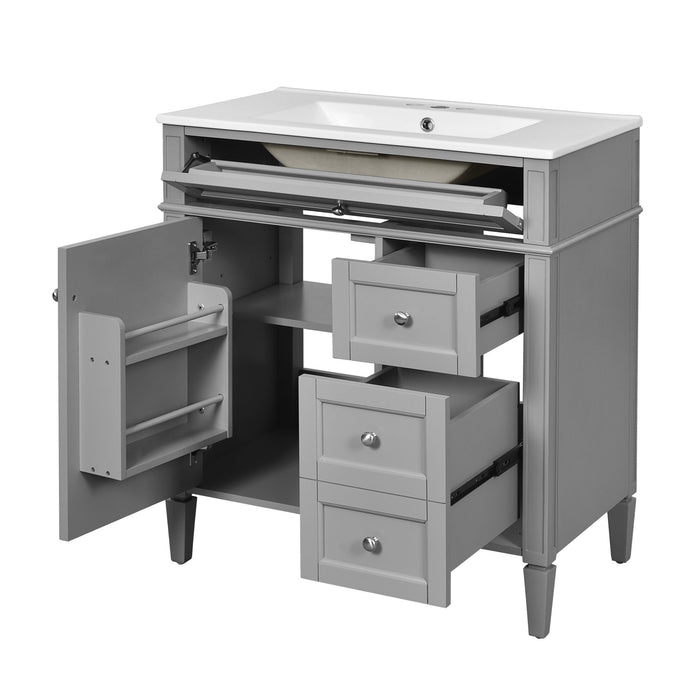Bathroom Vanity With Top Sink, Freestanding Storage Cabinet With 2 Doors And 3 Drawers, Mirror Cabinet Included - Gray