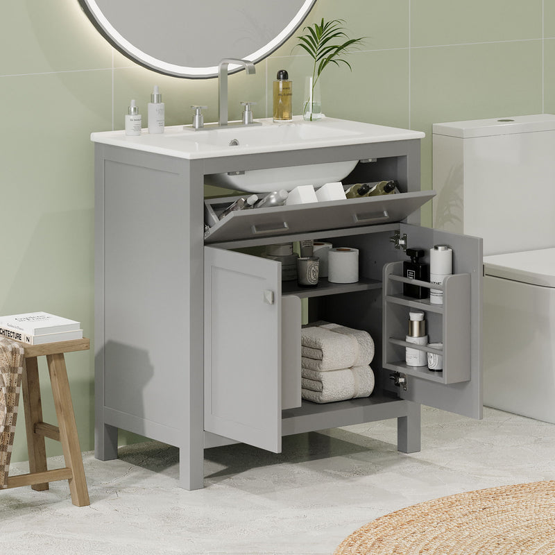 Bathroom Vanity With Ceramic Sink, Modern Single Bathroom Cabinet With 2 Doors And A Shelf, Soft Close Doors