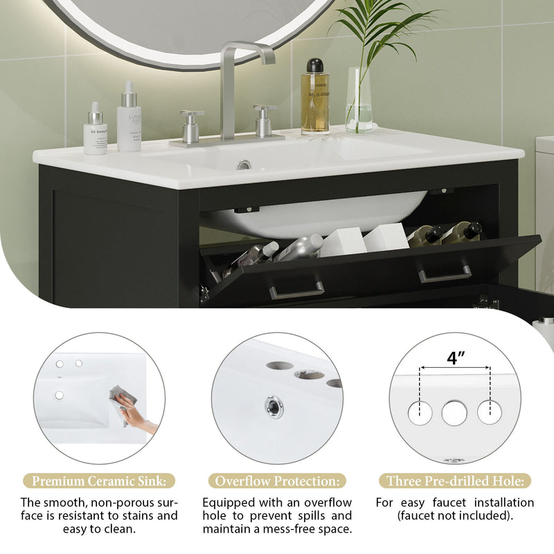 Bathroom Vanity With Ceramic Sink, Modern Single Bathroom Cabinet With 2 Doors And A Shelf, Soft Close Doors