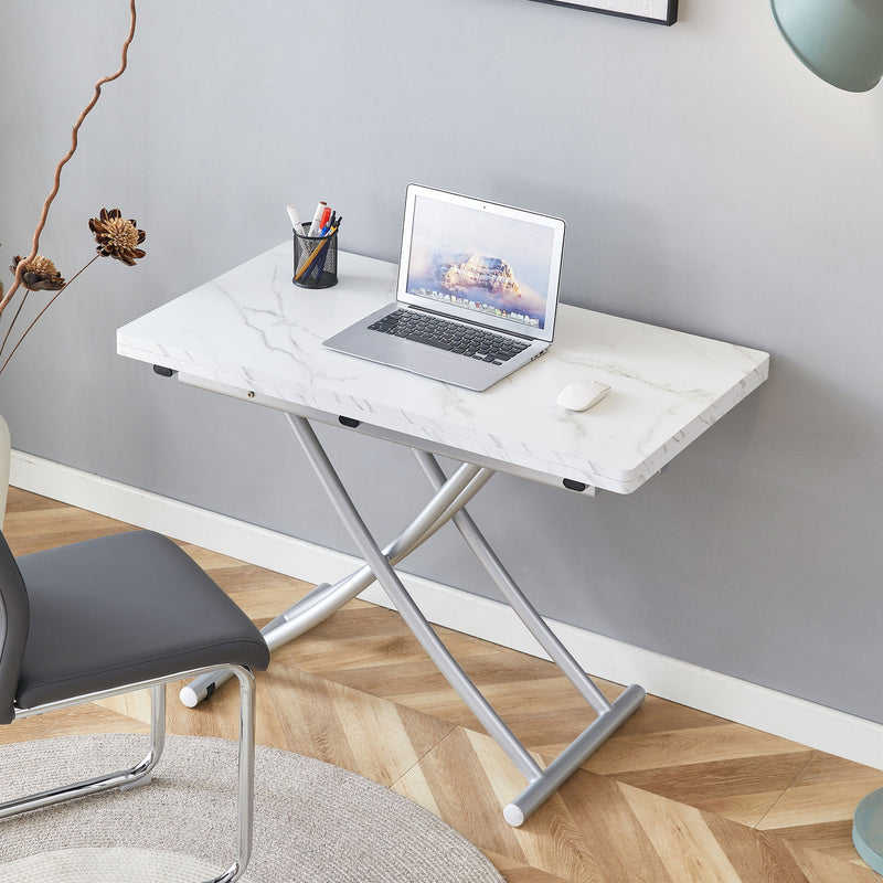 Modern Minimalist Multifunctional Lift Table With Metal Legs - White / Silver