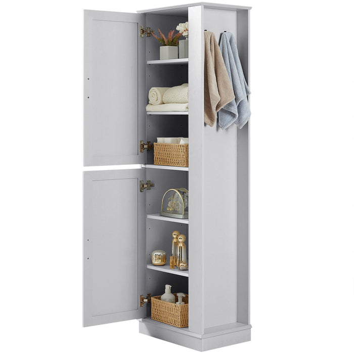 Tall Freestanding Bathroom Storage Cabinet With Adjustable Shelves And Side Hooks