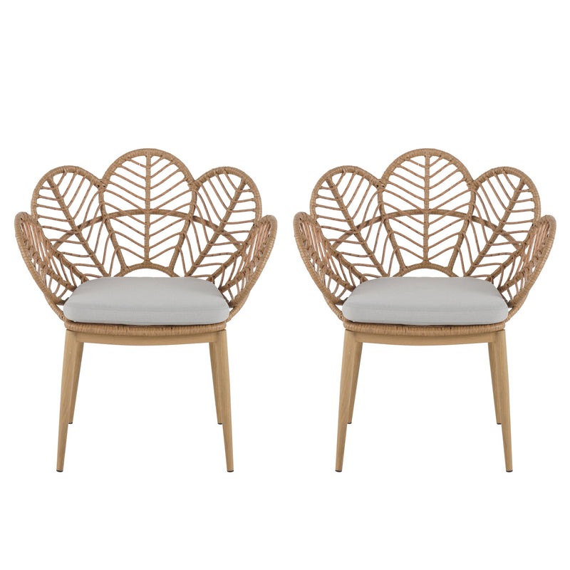 Kirk - Outdoor Wicker Peacock Shape Papasan Style Chair, Teak Finished Leg (Set of 2) - Beige / Light Brown / Light Teak