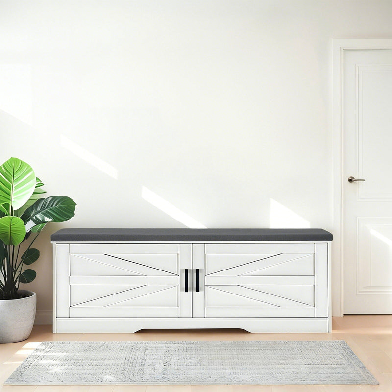2 Tier Shoe Bench With Padded Seat, 2 Barn Doors And Adjustable Shelves, For Entryway And Living Room - White