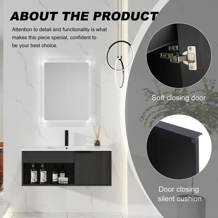 Wall Mounted Floating Bathroom Vanity With Open Shelf & Soft Close Door