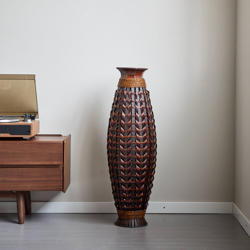 Hand Woven Bamboo Floor Vase, Decorative Accent For Living Room - Acacia Wood