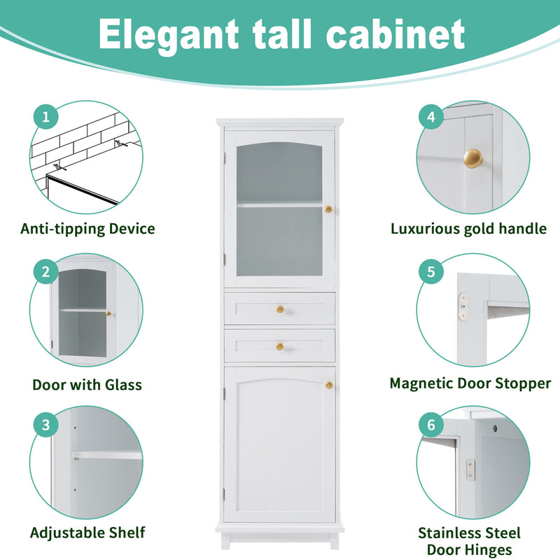Tall Bathroom Storage Cabinet With Glass Doors, Free-Standing, Two Drawers, And Adjustable Shelves, Board, Painted Perfect For Displaying Your Favorite Items