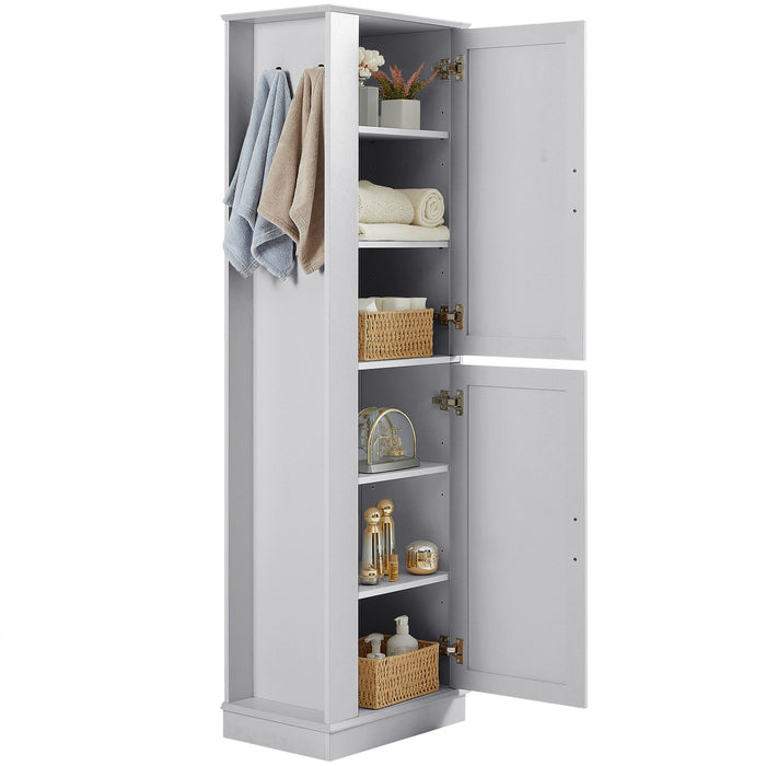 Tall Freestanding Bathroom Storage Cabinet With Adjustable Shelves And Side Hooks