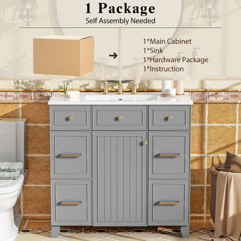 Bathroom Vanity With Ceramic Sink, Soft Close Doors, Adjustable Shelves