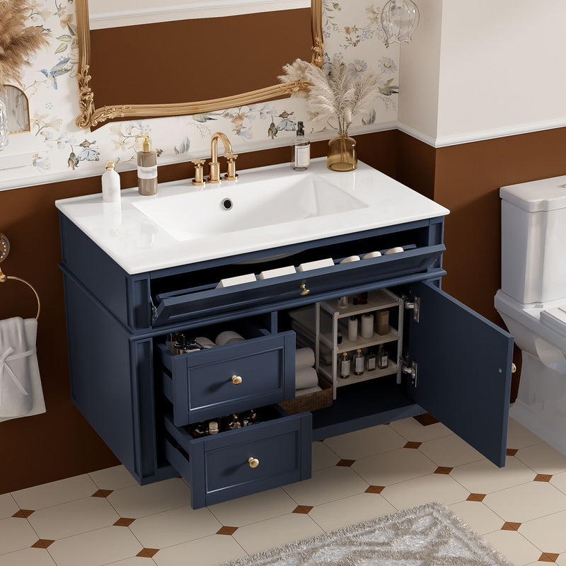 Wall Mounted Bathroom Vanity With 2 Drawers, 1 Tip Out Drawer, 3 Holes Sink