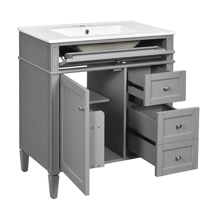 Bathroom Vanity With Top Sink, Freestanding Storage Cabinet With 2 Doors And 3 Drawers, Mirror Cabinet Included - Gray