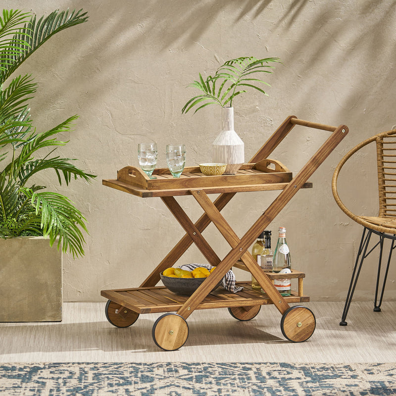 Riviera Bar Cart Stained Mobile With Wheels For Entertaining - Natural Stained