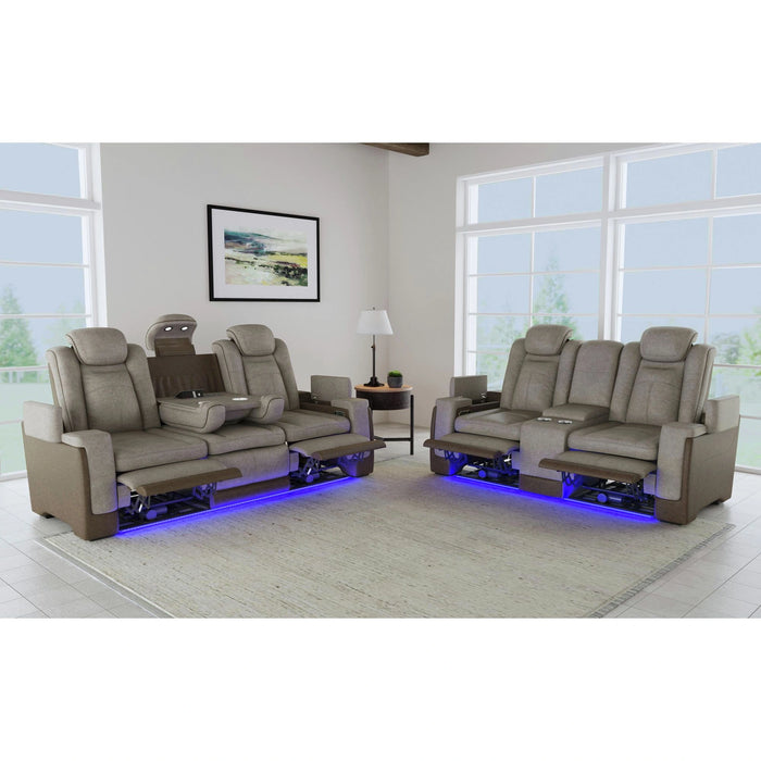 Lantana Power Motion Loveseat with Power Headrest, Led, and Console in Rocky Grey/Brown