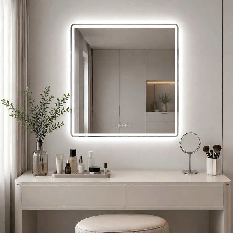 36 X 36 LED Bathroom Mirror With Dimmable Frosted Light Band, 3 Color Temperatures, Anti Fog, Memory & Auto Off - Silver