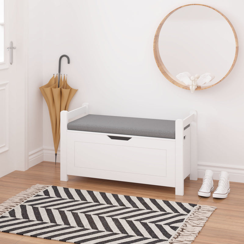 Kids Toy Box Chest Storage Cabinet With Cushion Seat Bench Flip Top Lid Safety Hinge - White