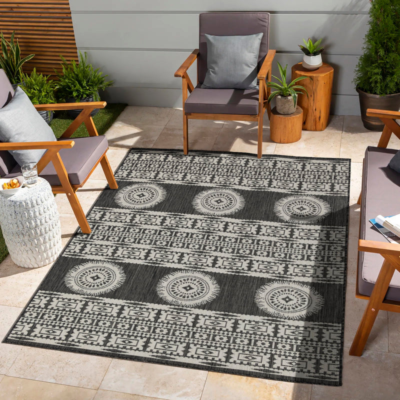 Sunshine - 5'3" X 7'3" Indoor, Outdoor Area Rug Polypropylene - Anthracite / Dark Gray / White