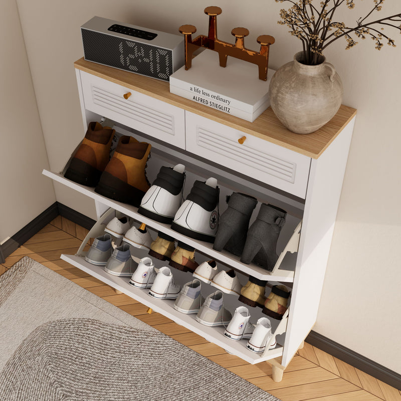 Modern Freestanding Shoe Cabinet With Flip Up Doors And Drawers, Compact Design For Entryway - White Natural