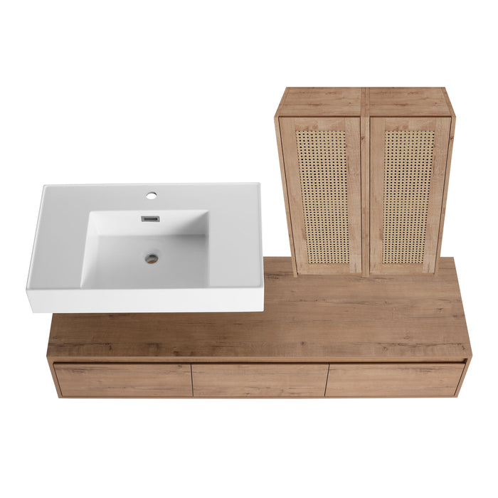 Modern Wall Mounted Bathroom Vanity With Resin Sink And 2 Side Cabinet, Construction - Imitative Oak