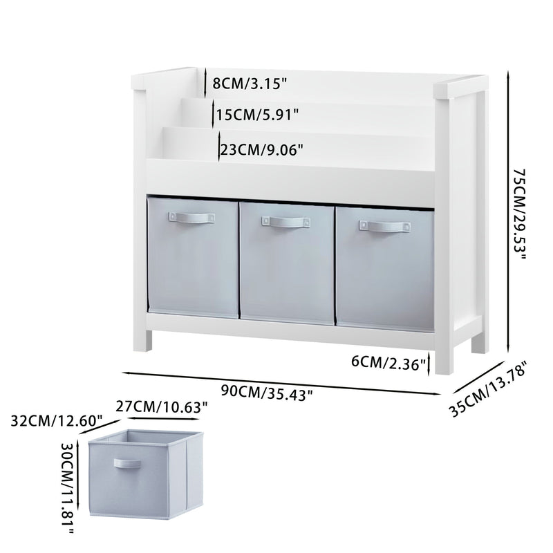 Bookshelf With 3 Tier Front Facing Storage And 3 Bins, Toddler Bookcase For Playroom - White