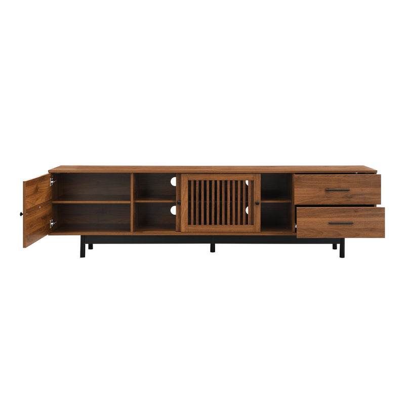 TV Stand, Media Console With 2 Drawers, Soft Closing Hinges, Adjustable Shelves, Slatted Design - Walnut