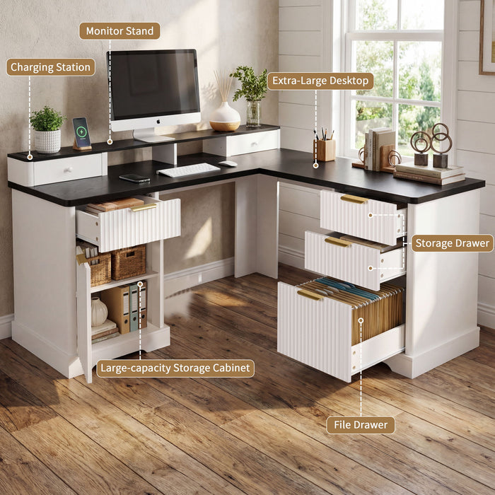 Fluted L-Shaped Desk With Charging Station & Storage Cabinet