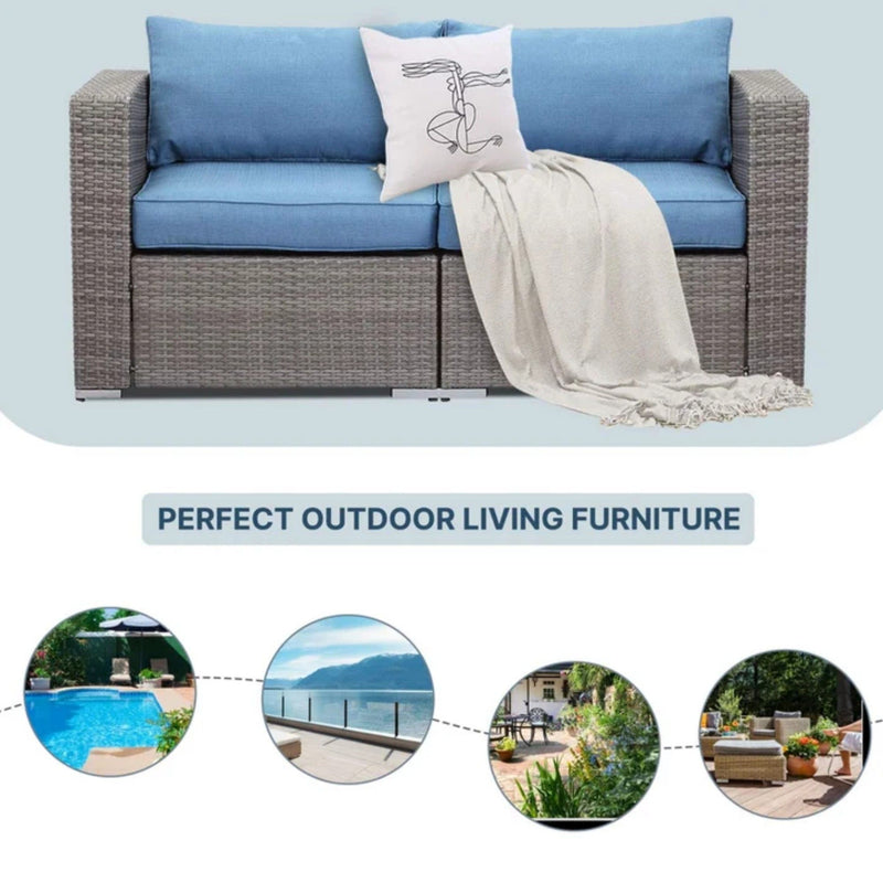 2 Piece Patio Loveseat Set With Thick Cushions, Outdoor Sectional Sofa For Balcony - Blue / Brown